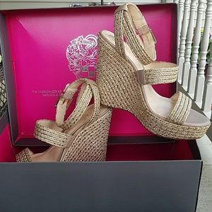 Vince Camuto Taupe Gold Wedge Sandals